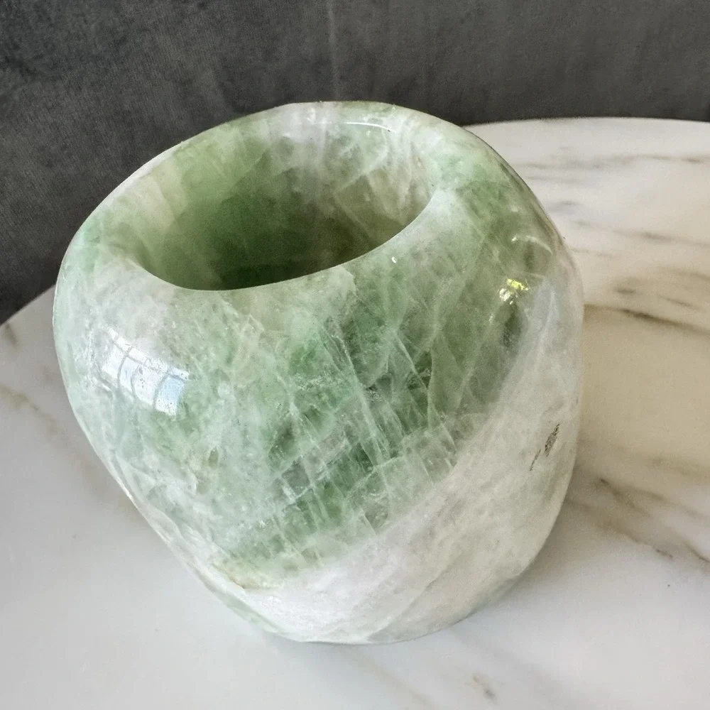 Vintage Green Polished Flourite Calming Crystal Votive Tealight Candle Holder